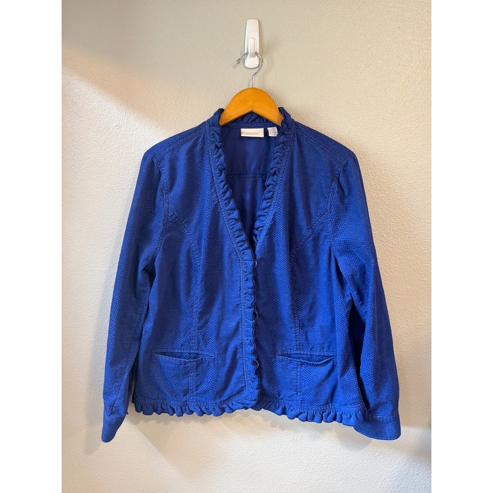 Chico's Jacket Women Size 3 Blue Ruffle‎ Trim Button Front XL Spring Bright